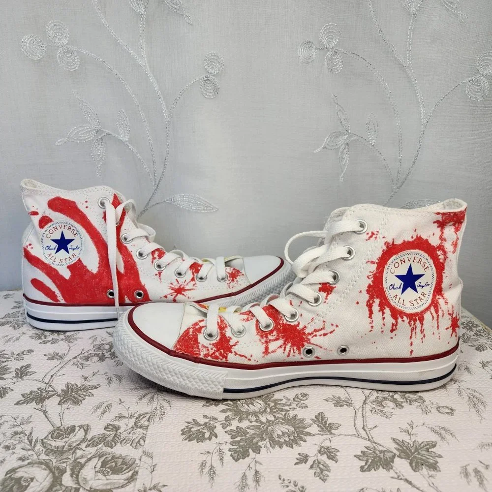 Custom Painted Zombie Hunter/Splatter Hi-Top Converse All-Stars Unisex W9/M7 - Picture 6 of 12